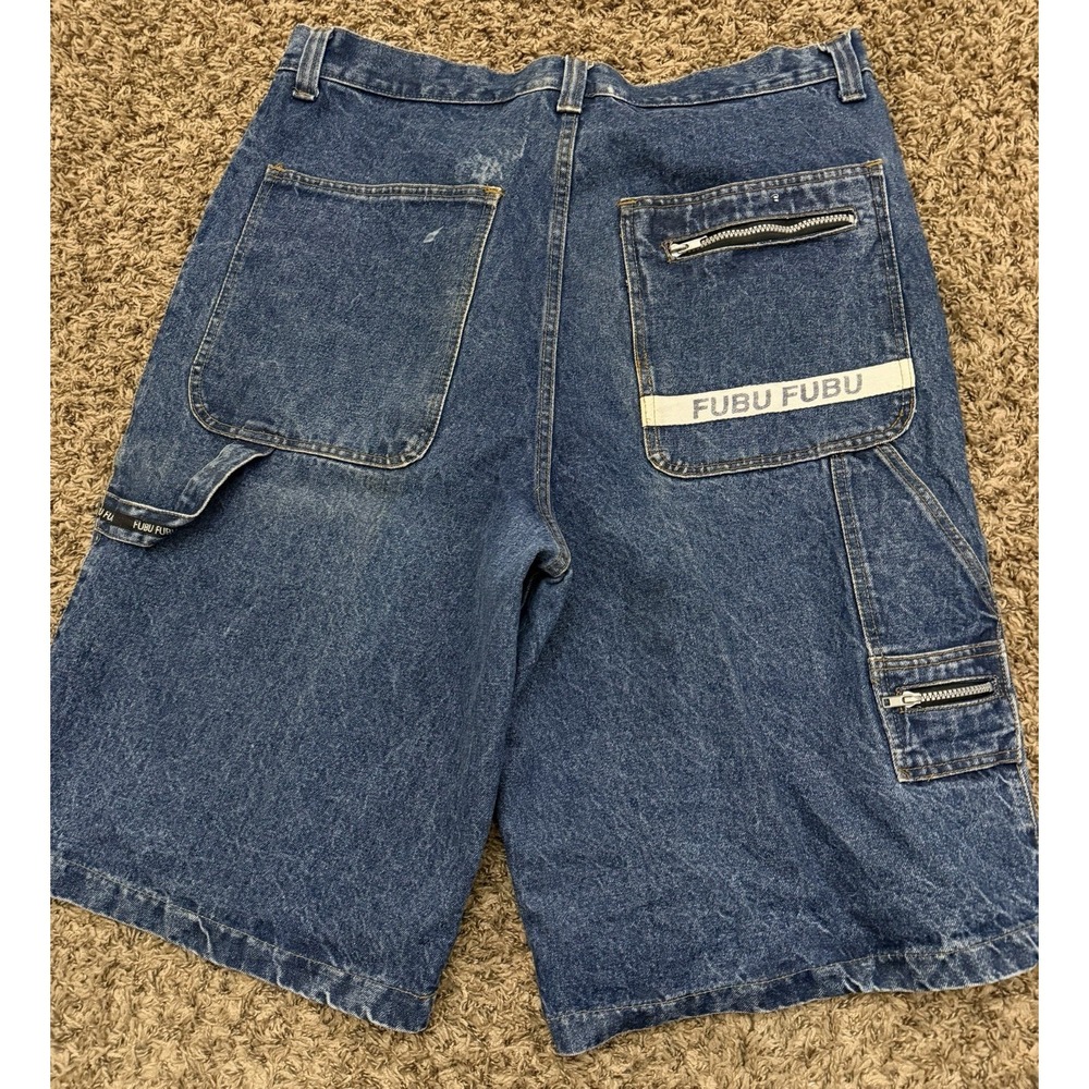 Vintage 90's FUBU Jean Short Blue Denim Embroidered Logo Mens Size 40x13